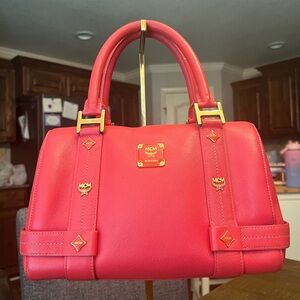 MCM Red Leather Satchel with Gold Accents
